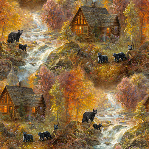 Bear Fabric - Cabin in the Woods 22199-MLT - 3 Wishes - 100% Cotton Fabric - Whitetail Country - Bear Deer Fox Bird Eagle