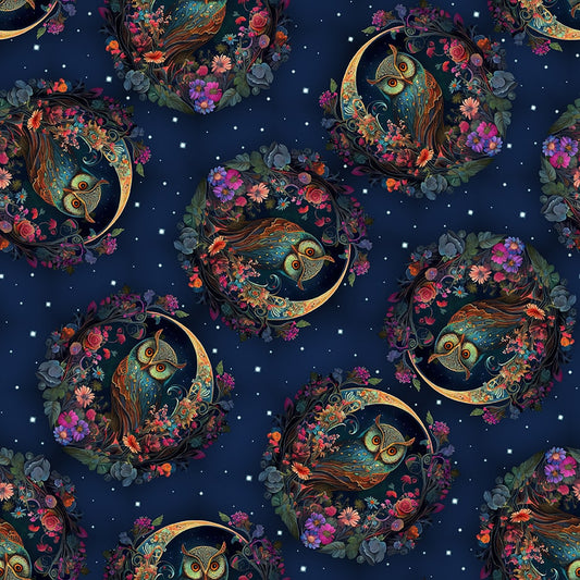 Floral Owl Fabric - Night Garden 3549-79 Dk. Blue - 100% cotton - Blank Quilting Corp