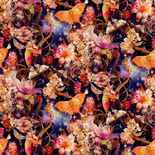 Floral Moth Fabric - Night Garden 3555-22 Pink - 100% cotton - Blank Quilting Corp