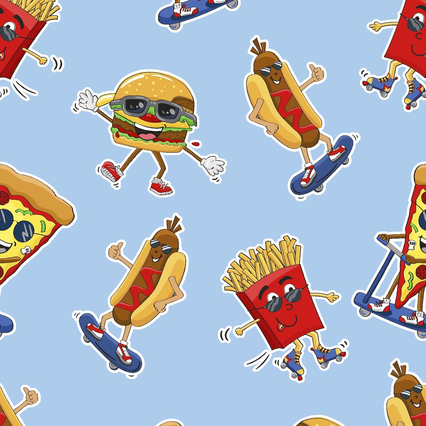 Fast Food Fabric - Burger Bar - 100% Cotton - 3 Wishes - Junk Food Pizza Hotdog Hamburgers Fries