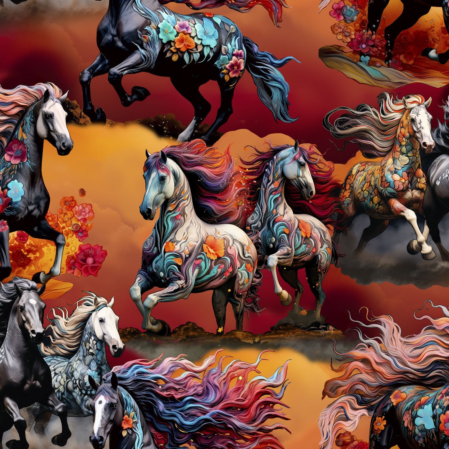 Floral Horse Fabric - 3 Wishes Fabric - Trolloping Treasures - 100% Cotton - Drinkers of the Wind - Colorful Horses