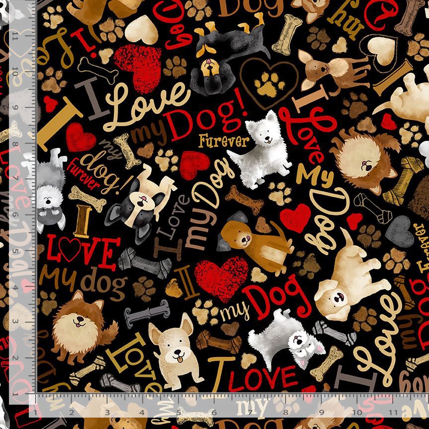 Tossed Dogs & Words - Happiness Has Paws - Timeless Treasures - 100% Cotton - I love my dog