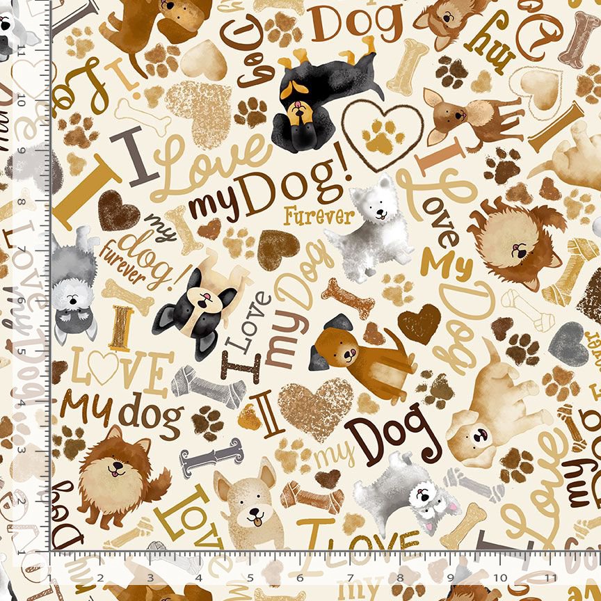 Tossed Dogs & Words - Happiness Has Paws - Timeless Treasures - 100% Cotton - I love my dog