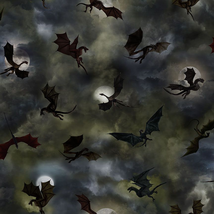 Dragon Silhouettes Fabric - Timeless Treasures - 100% Cotton - Dragon's Lair Collection - Moon