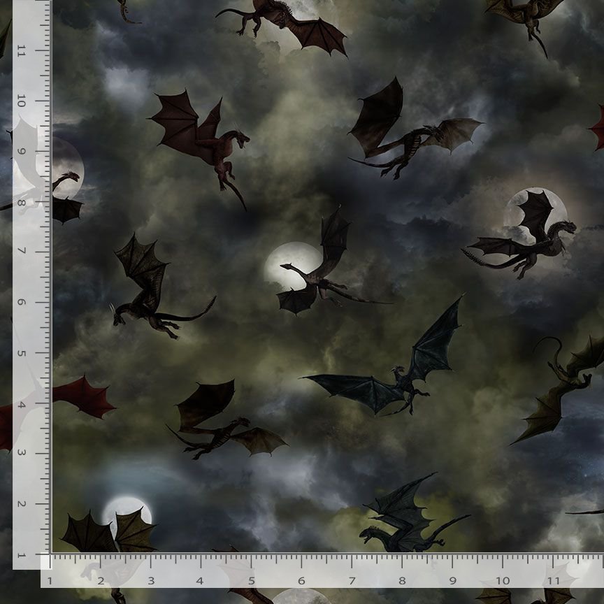 Dragon Silhouettes Fabric - Timeless Treasures - 100% Cotton - Dragon's Lair Collection - Moon