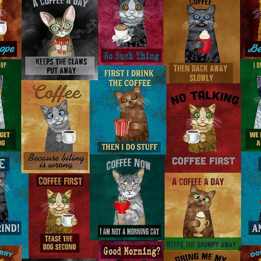 Coffee Cats Fabric - Timeless Treasures - 100% Cotton - Caffeine Cats - Cat Sayings