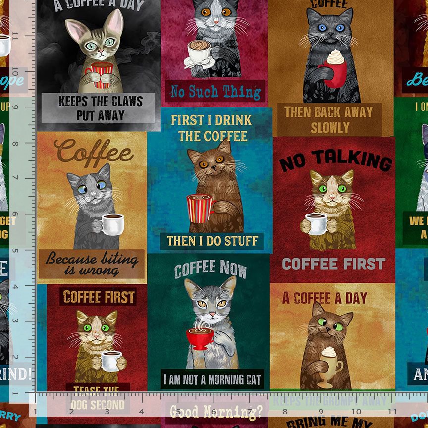 Coffee Cats Fabric - Timeless Treasures - 100% Cotton - Caffeine Cats - Cat Sayings