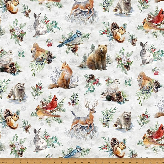 Snowy Forest Animal Fabric - 100% Cotton - Winter Tales - Hoffman - W5389-113-Frost