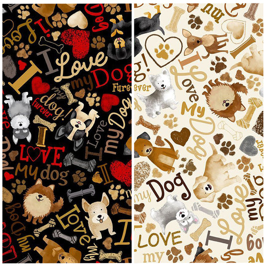 Tossed Dogs & Words - Happiness Has Paws - Timeless Treasures - 100% Cotton - I love my dog