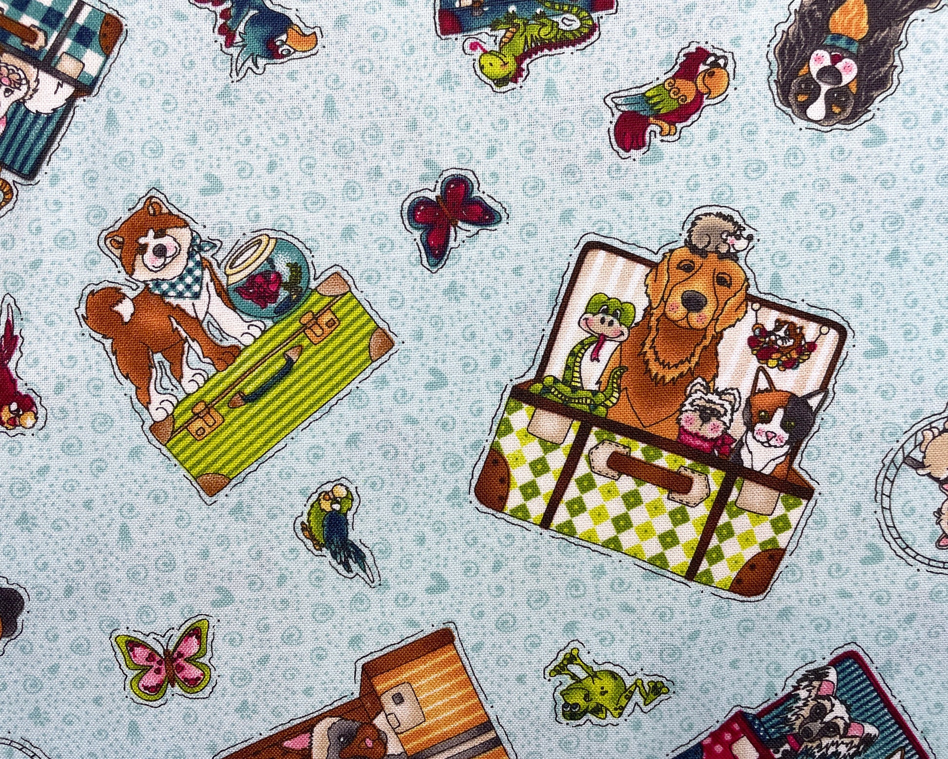 Animal Fabric by the yard - Next Stop Home - Pets in Suitcases from Henry Glass - 100% Cotton Fabric - rescue dog fabric - SHIPS NEXT DAY