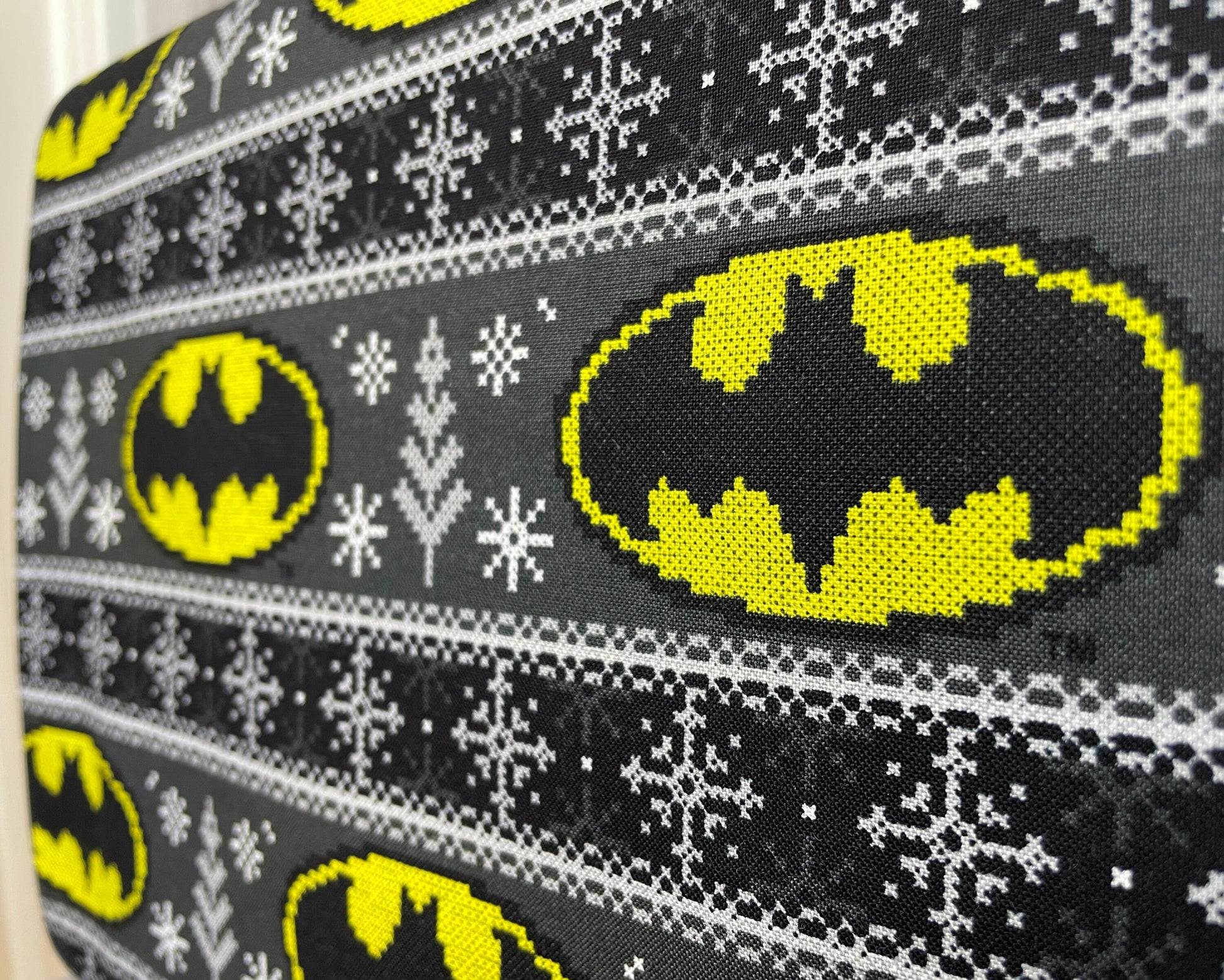 Batman Fabric - Fair Isle Winter - 100% cotton fabric by Camelot Fabrics - Batman Logo Batman Faux Sweater Comic Book Hero - SHIPS NEXT DAY