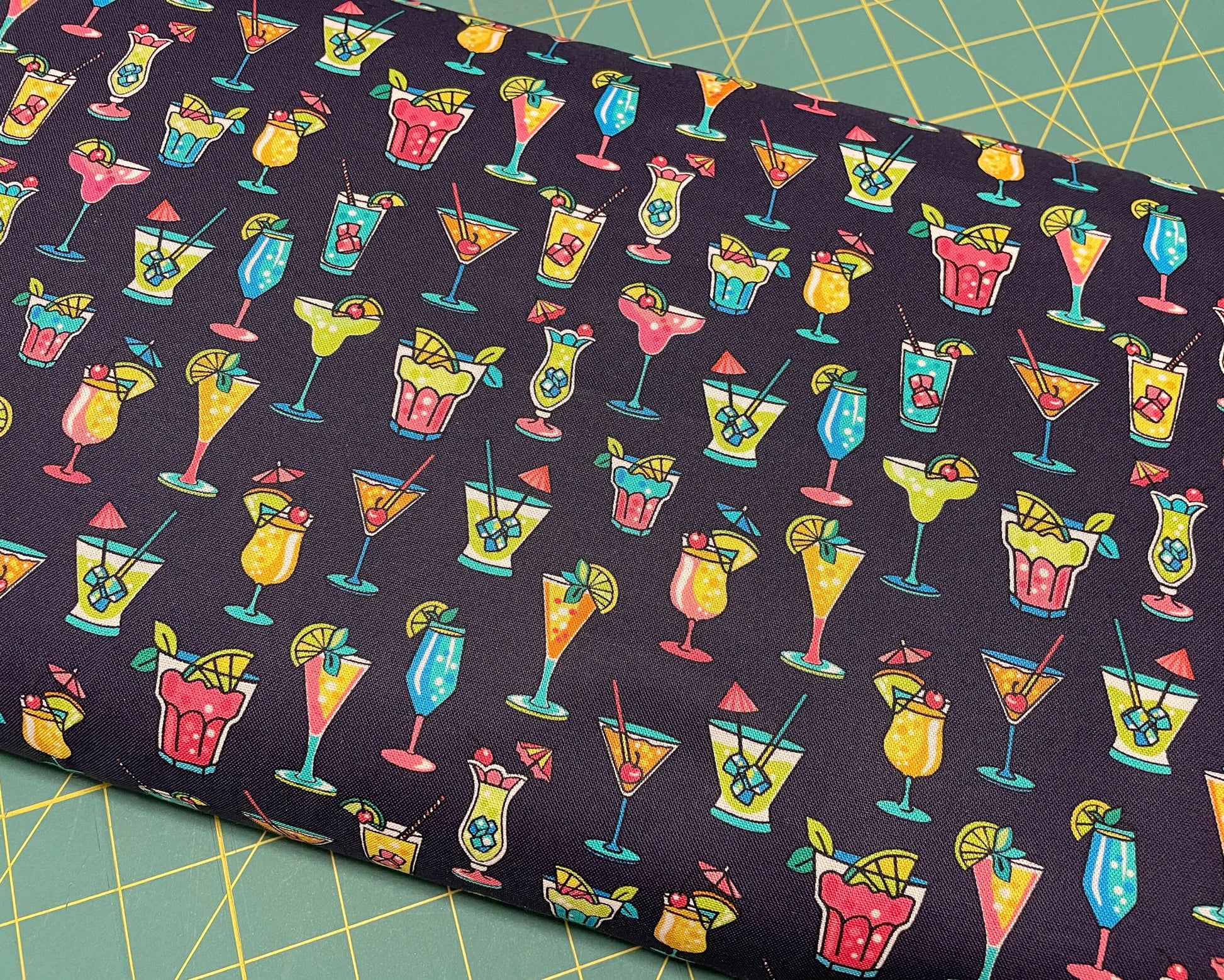 Cocktails fabric - Beach Cheers Fabric Navy - 100% Cotton - Beach Cats Collection - Tropical Drinks Beach Luau Vacation - SHIPS NEXT DAY