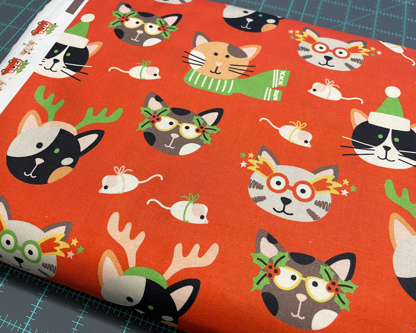 Christmas Cat Fabric - 100% Cotton Quilting Fabric - Cat Masquerade by Paintbrush Studio - Winter cats dressed for holidays - Ships NEXT DAY