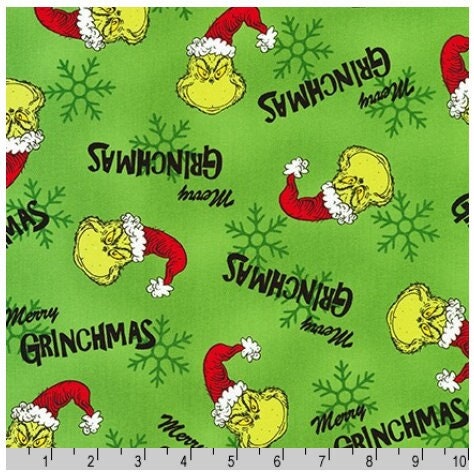 Robert Kaufman Grinch Fabric - Green Merry Grinchmas - How the Grinch Stole Christmas - 100% cotton fabric - Grinch hat - Ships NEXT DAY