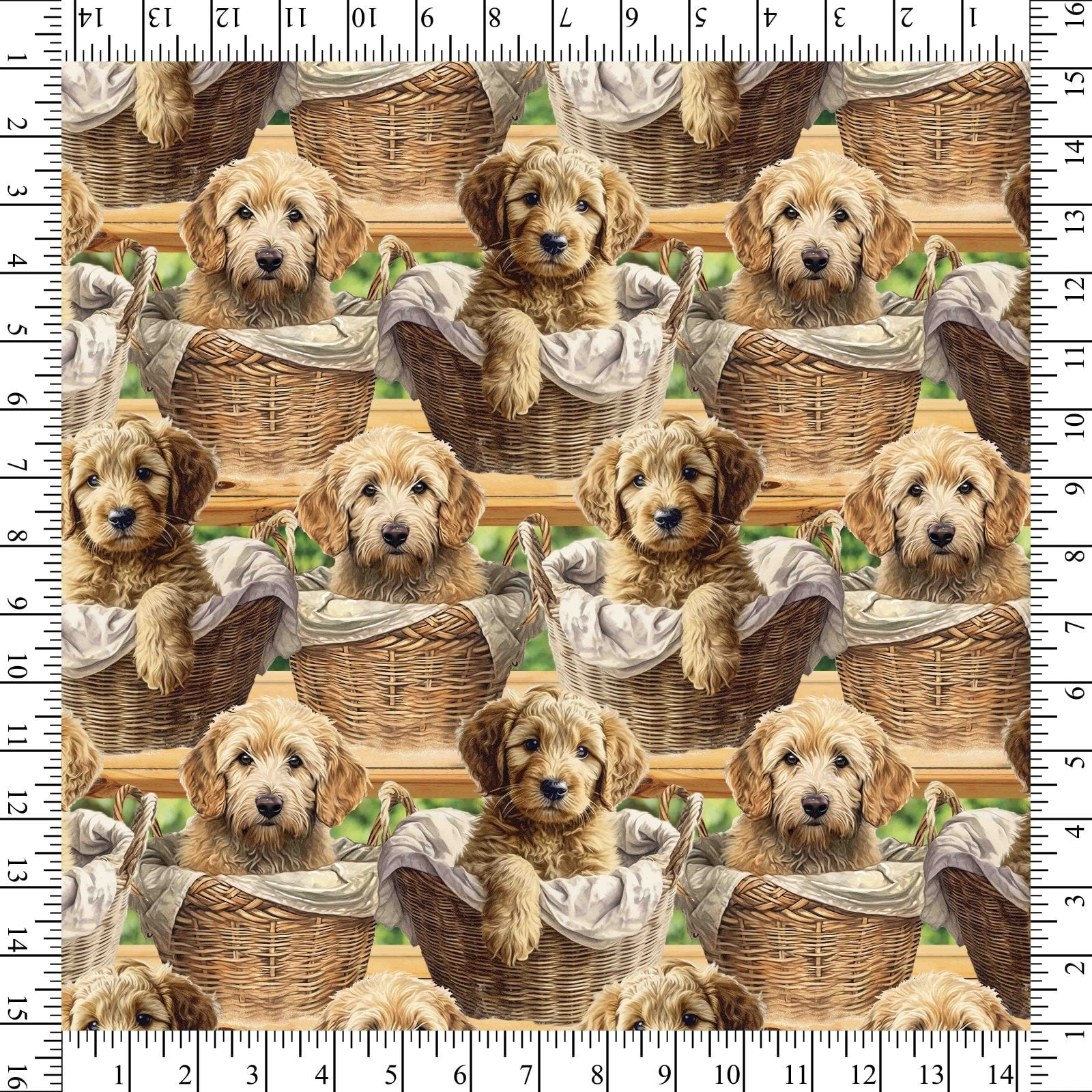 Goldendoodle fabric - Foust Exclusive Print - 100% Cotton - David Textiles - puppy dog in basket