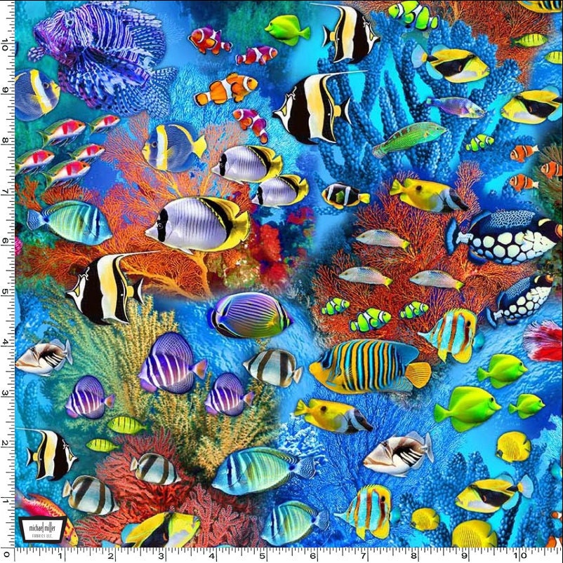 Fish Fabric - Michael Miller - Jewels of the Sea - 100% Cotton - Ocean Fabric Beach Print Sea Life