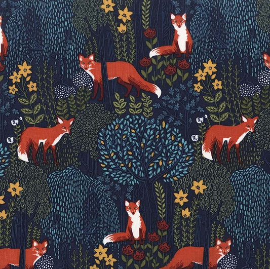 Fox Fabric - Into the Woods BLUE - 100% Cotton - Michael Miller - Woodland creatures forest animal material