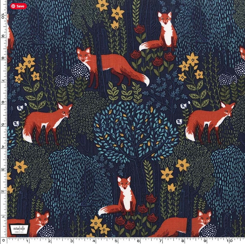 Fox Fabric - Into the Woods BLUE - 100% Cotton - Michael Miller - Woodland creatures forest animal material