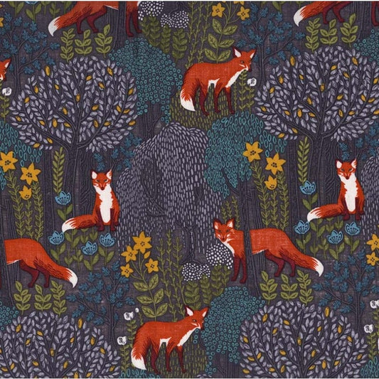 Fox Fabric - Into the Woods GRAY - 100% Cotton - Michael Miller - Woodland creatures forest animal material