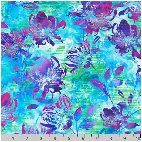 Orchid Fabric - SRKD-22122-70 AQUA - Robert Kaufman - floral quilting cotton purple flowers