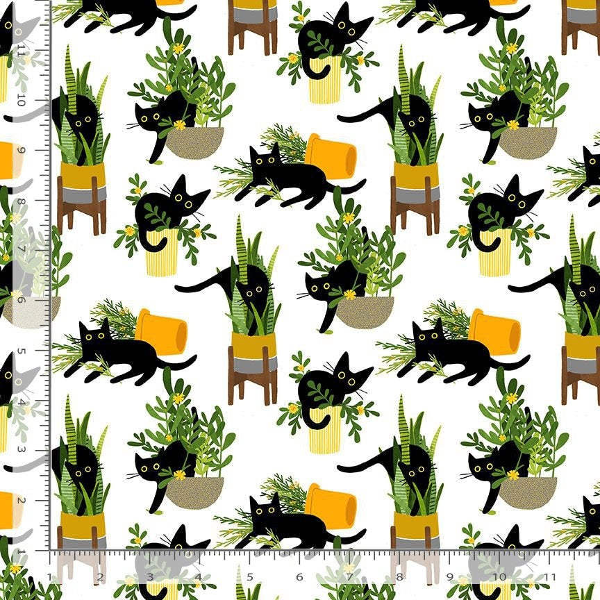 Cat fabric - Dear Stella - Just Purrlanted- 100% Cotton - Black Cat Gardening kitty garden pot