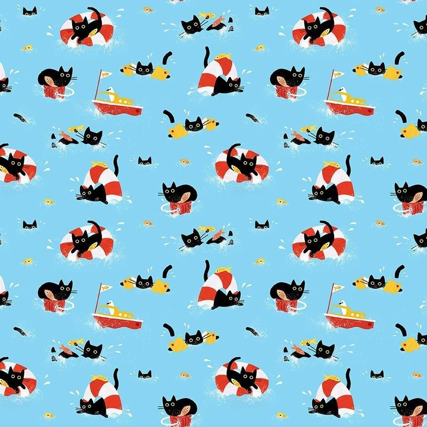 Cat fabric - Dear Stella - Sea Cats - 100% Cotton - Black Cat water kitty ocean boat