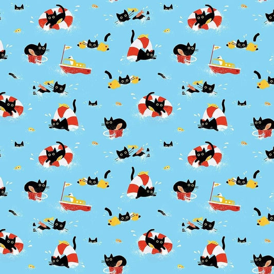 Cat fabric - Dear Stella - Sea Cats - 100% Cotton - Black Cat water kitty ocean boat