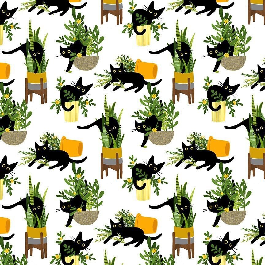 Cat fabric - Dear Stella - Just Purrlanted- 100% Cotton - Black Cat Gardening kitty garden pot