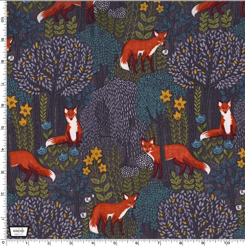 Fox Fabric - Into the Woods GRAY - 100% Cotton - Michael Miller - Woodland creatures forest animal material