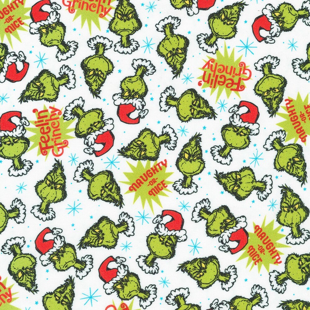 Robert Kaufman Grinch Fabric - Feelin' Grinchy Candy Cane White - How the Grinch Stole Christmas - 100% cotton fabric - Naughty or Nice