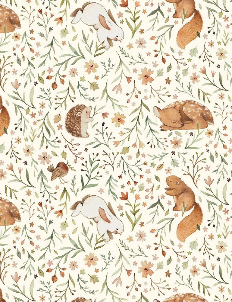 Forest Animal fabric - Dear Stella - Little Fawn & Friends - Animal Floral DNS2073 - 100% Cotton - Baby Woodland creatures forest material