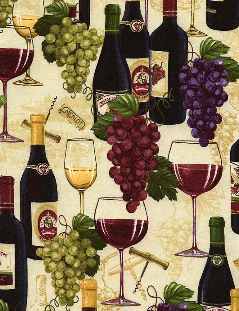 Wine Bottles and Grapes Fabric - Timeless Treasures - 100% Cotton - Wine Country