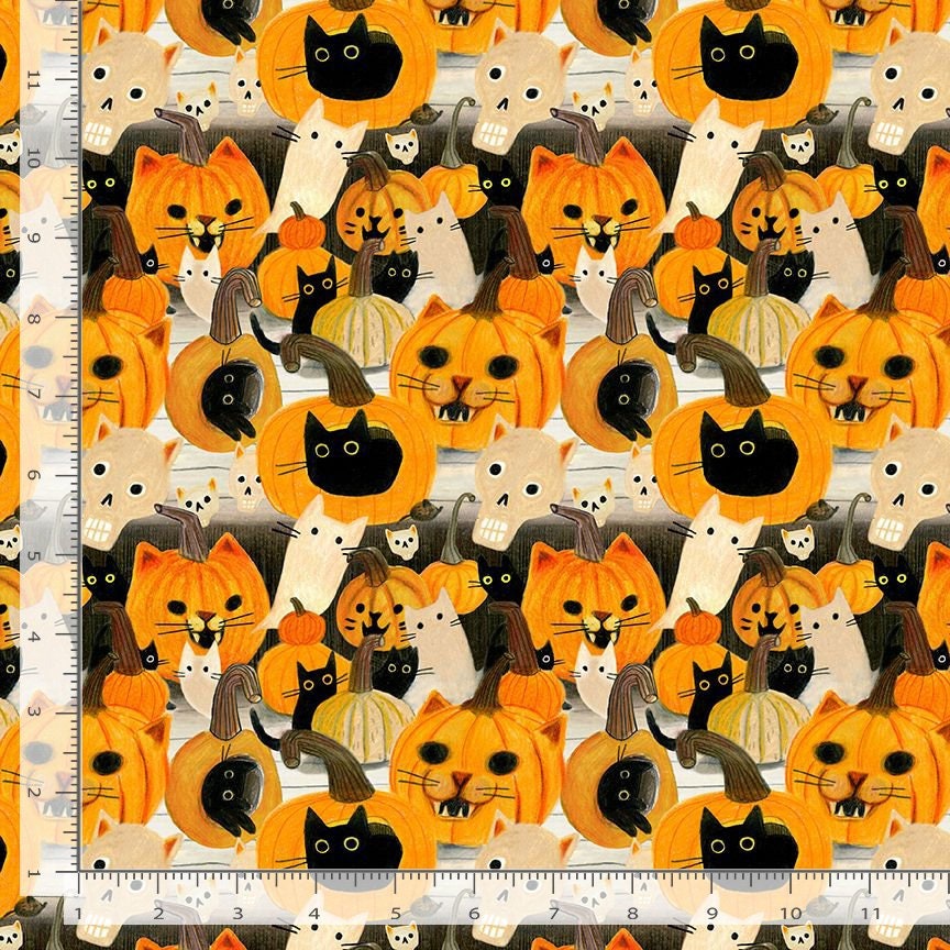 Meowloween - Dear Stella - Black Cat Fabric - 100% Cotton - Halloween Pumpkin Kitty