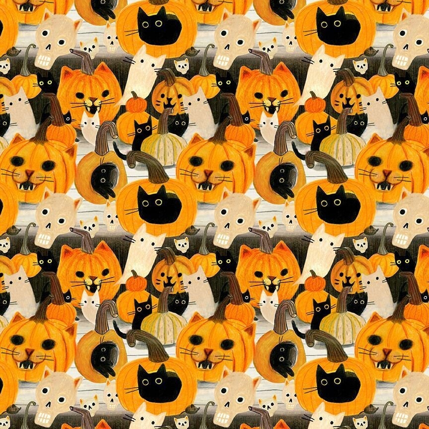 Meowloween - Dear Stella - Black Cat Fabric - 100% Cotton - Halloween Pumpkin Kitty