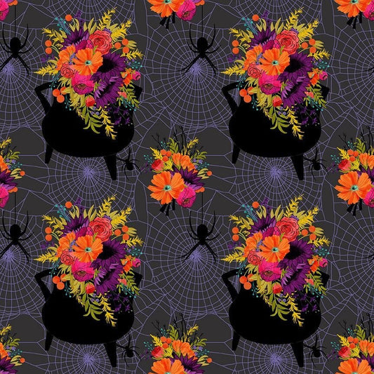 Witches Brew - Dear Stella - 100% Cotton Fabric - Halloween - Spider Web Floral Cauldron