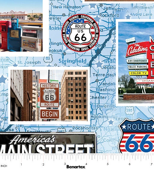 Route 66 Fabric - American Landmarks - 100% cotton - Kanvas Studios for Benartex - Road Trip Driving Car Travel US MAP Main Street USA Icons