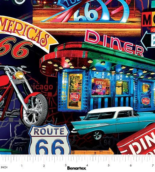 Route 66 Fabric - Night Life Multi - 100% cotton - Kanvas Studios for Benartex - Road Trip Driving Car Travel US MAP Main Street USA Icons