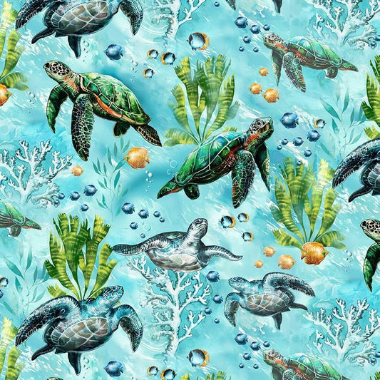 Sea Turtle Fabric - Ocean Life - Timeless Treasures - 100% Cotton - SEA-CD3133 Aqua