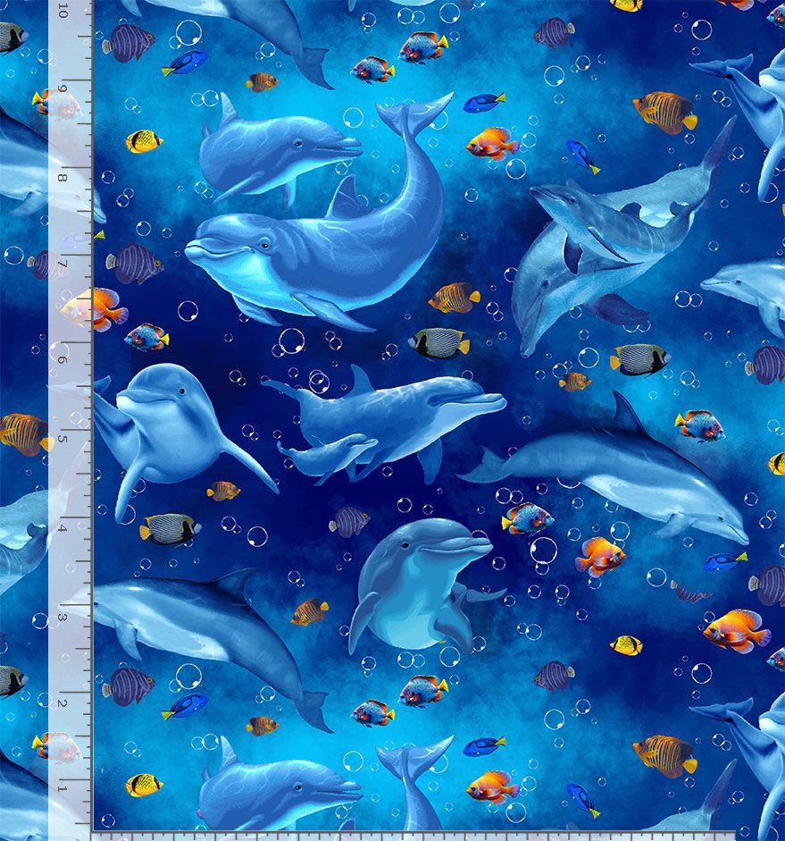 Dolphin Fabric - SEA-CD3131 OCEAN - Timeless Treasures - 100% Cotton - Beach Print Sea Life Fish Swimming