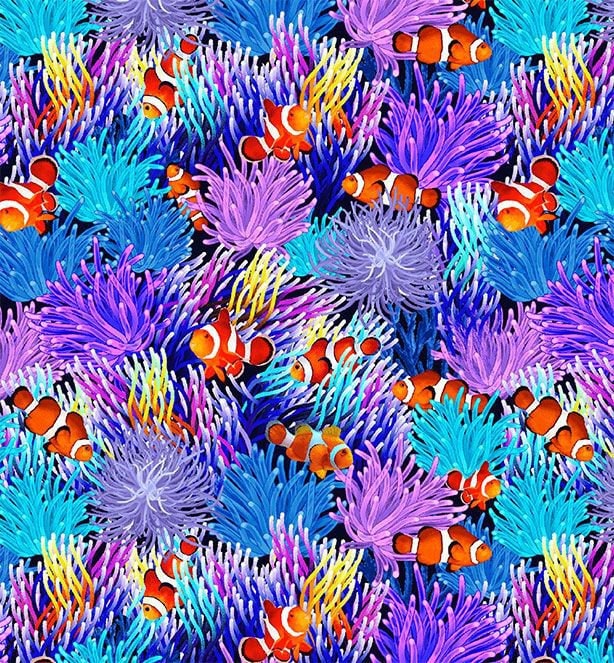 Clown Fish Fabric - Timeless Treasures - Ocean Life - 100% Cotton - Beach Quilt Sea Anemone Coral Reef