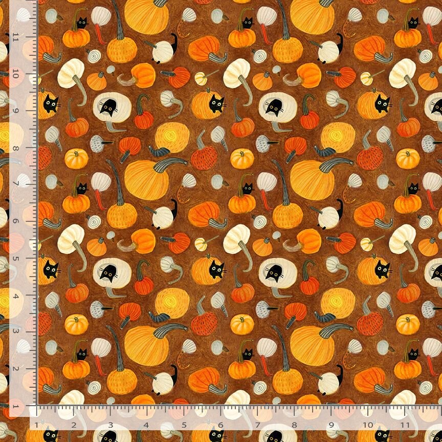 Pumpkin Cats Fabric - Dear Stella - 100% Cotton - Meowloween - Halloween Black Cat