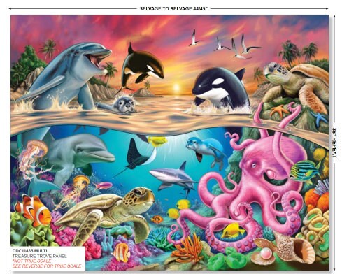 Sea Life Panel 44" x 36" - 100% Cotton fabric - Treasure Trove DDC11485 - Michael Miller - Sea World Collection