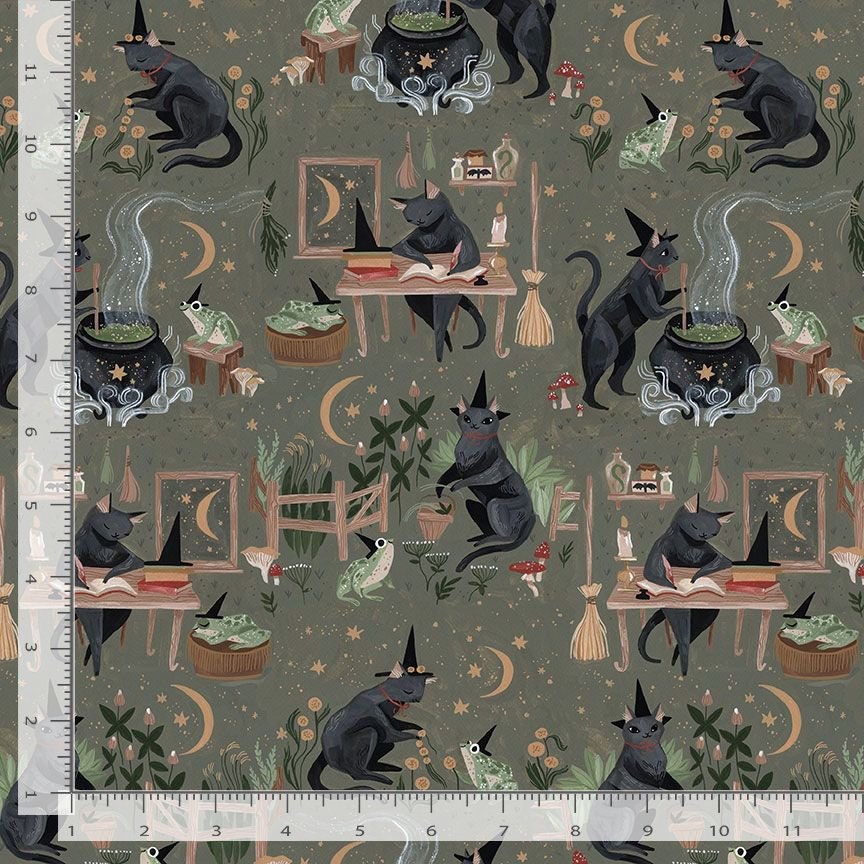 Dear Stella Goblincore - 100% Cotton Fabric - STELLA-DRR2537 - Black Cat Witch - Halloween