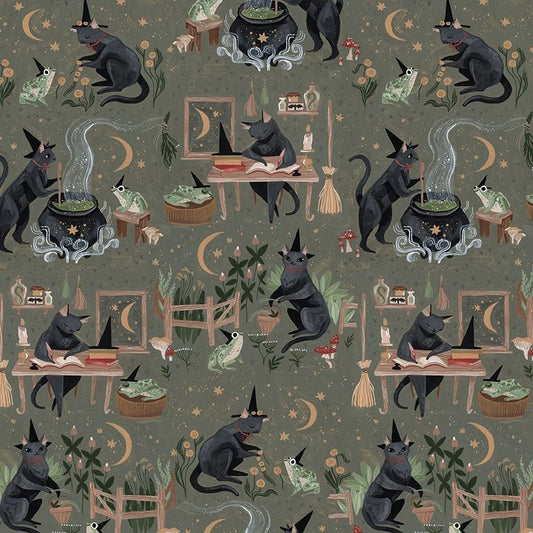 Dear Stella Goblincore - 100% Cotton Fabric - STELLA-DRR2537 - Black Cat Witch - Halloween