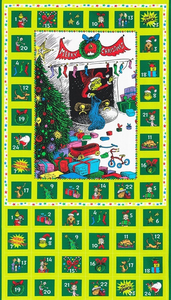 Grinch Advent Calendar Fabric Panel - 24" x 44" - Robert Kaufman - How the Grinch Stole Christmas - Grinchmas Countdown - ADED-22565-223