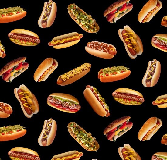 Hot Dog Fabric - Favorite Foods - Elizabeth Studios - 100% Cotton Fabric - Cooking Grilling Picnic Baseball Stadium Food - 702-Black