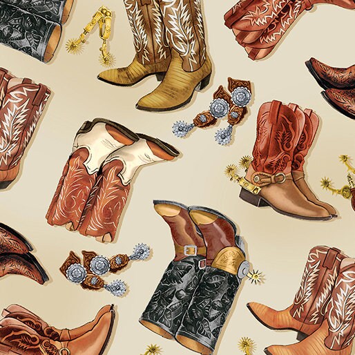 Cowboy Boot Fabric - Yellowstone - 100% Cotton - Kanvas for Benartex - Country Western Cowgirl Farmer Rancher Quilting Material