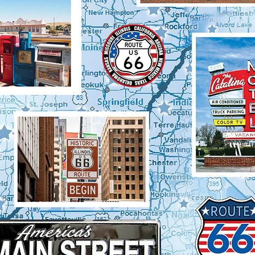 Route 66 Fabric - American Landmarks - 100% cotton - Kanvas Studios for Benartex - Road Trip Driving Car Travel US MAP Main Street USA Icons