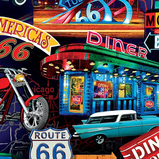 Route 66 Fabric - Night Life Multi - 100% cotton - Kanvas Studios for Benartex - Road Trip Driving Car Travel US MAP Main Street USA Icons