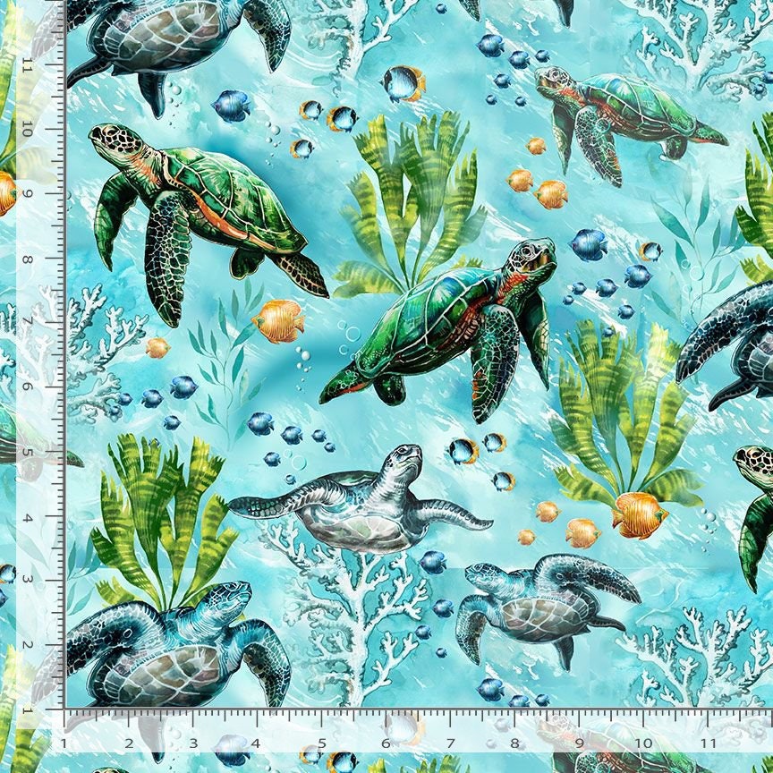 Sea Turtle Fabric - Ocean Life - Timeless Treasures - 100% Cotton - SEA-CD3133 Aqua